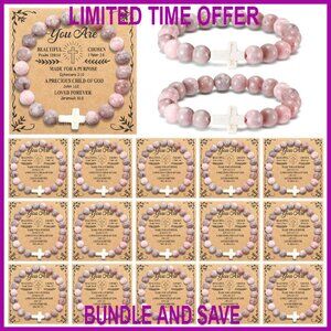 16 Cross Beaded Bracelets with Bible Cards Natural Stone Faith Gifts